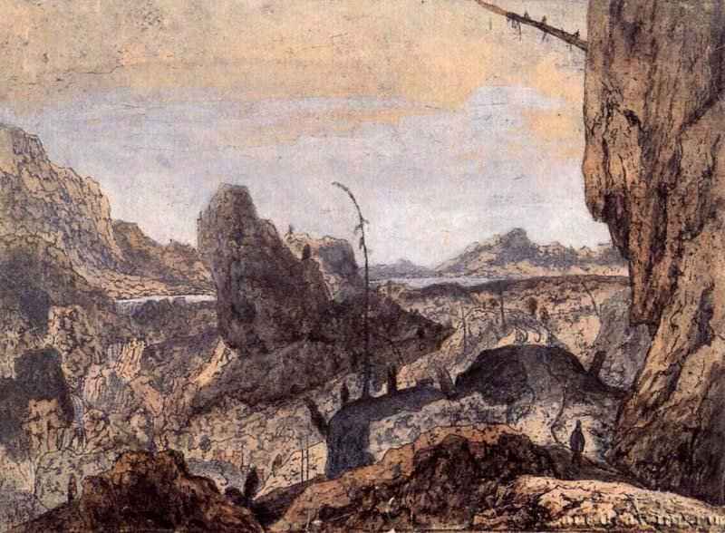 Пейзаж с горами и ущельями и путником справа. 1621-1632 - Офорт, синий оттиск на бледно-розовой грунтованной бумаге, частично переписан 156 x 210 мм Риксмузеум Амстердам