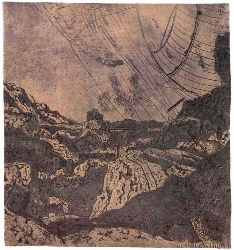 Дорога через ущелье 1621-1632 - Офорт и гравюра сухой иглой, синий оттиск на грунтованной бледно-розовым бумаге 167 x 154 мм Риксмузеум Амстердам