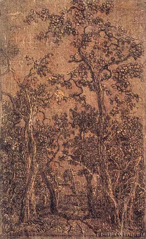 Дом в лесу. 1621-1632 - Офорт, черный оттиск на грубой серой ткани, прописан зеленой акварелью, подсвечен желтой масляной краской и покрыт лаком 153 x 96 мм Британский музей Лондон