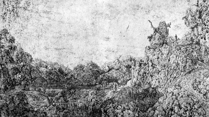 Скалистый пейзаж с водопадом. 1621-1632 - Офорт, серо-синий оттиск на белой бумаге 284 x 507 мм Британский музей Лондон