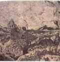 Пейзаж с горами и ущельями и путником справа 1621-1632 - Офорт, синевато-зеленый оттиск на окрашенной розовым бумаге 144 x 188 мм Эрмитаж Санкт-Петербург