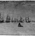 Малые корабли 1621-1632 - Офорт, темно-серый оттиск на грунтованной зеленовато-серым тоном бумаге, частично пройден серым 82 x 208 мм Гравюрный кабинет Государственных художественных собраний Дрезден