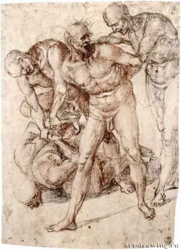 Нагие, связываемые пленники. 1496 - 285 х 215 мм. Черный мел и сангина, на бумаге. Флоренция. Галерея Уффици, Кабинет рисунков и гравюр.