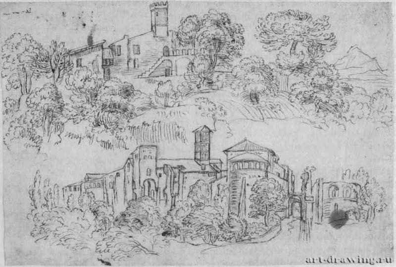 Два итальянских пейзажа. 1665-1670 - 202 х 303 мм. Перо коричневым тоном поверх наброска черным мелом, на желтоватой бумаге. Частное собрание. Франция. 