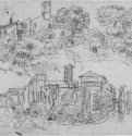 Два итальянских пейзажа. 1665-1670 - 202 х 303 мм. Перо коричневым тоном поверх наброска черным мелом, на желтоватой бумаге. Частное собрание. Франция. 