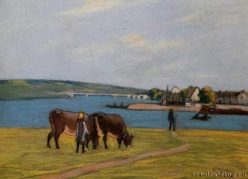 Коровы у Сены в Сент-Мамме, 1895 г. - Пастель; 34 x 48 см. Частное собрание. Франция.
