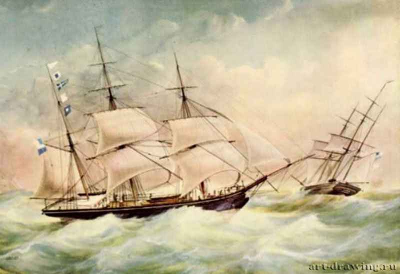 Голландский барк "Каллипсо" в Северном Море, 1855 г. - Акварель; 48,12 x 66,87 мм. Частное собрание. Голландия.