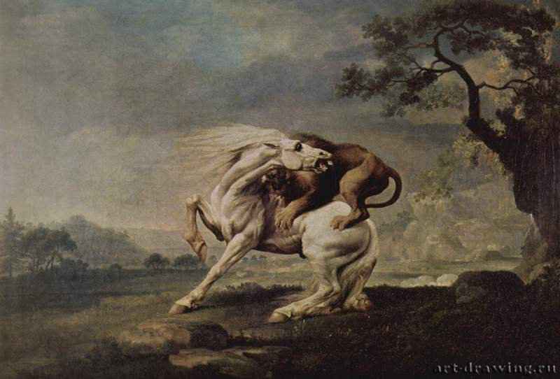 Лев, напавший на лошадь. 1765 - 66 x 97 смХолст, маслоРомантизмВеликобританияМельбурн. Национальная галерея штата Виктория