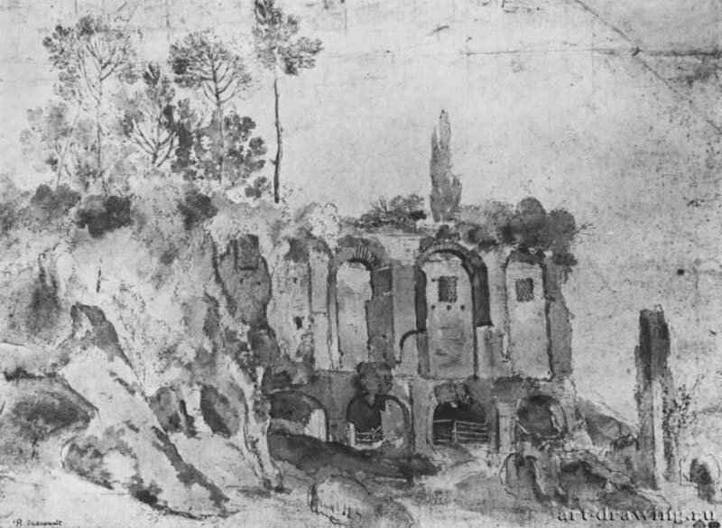 Руины Палатина в Риме. 1629-1641 - 240 х 325 мм Кисть коричневым тоном, акварель, на бумаге Париж Школа изящных искусств, личные коллекции Голландия