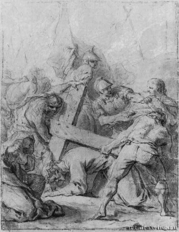 Несение креста. Первая половина 18 века - 339 x 254 мм. Черный мел и кисть, подсветка белым на серой бумаге. Франкфурт. Художественный институт Штеделя, Гравюрный кабинет. Франция.