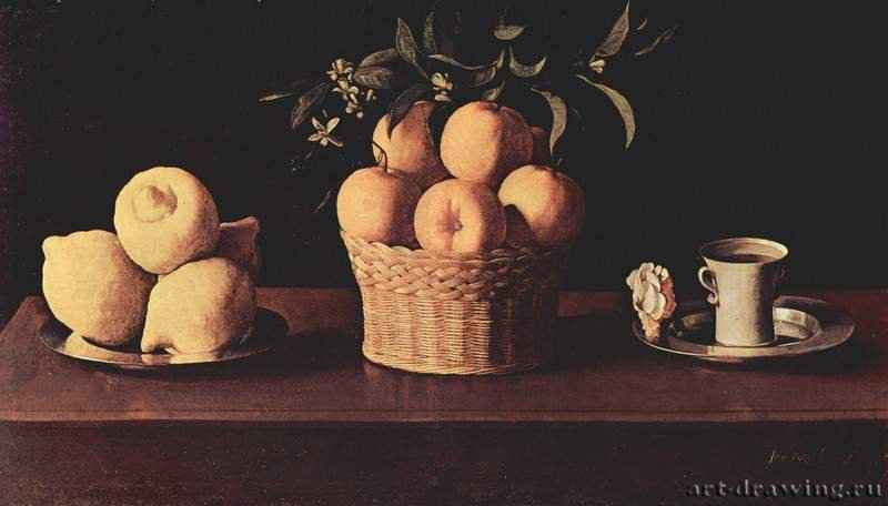 Тарелка с лимонами, корзина с апельсинами и роза на блюдце. 1633 - 60 x 107 смХолст, маслоБароккоИспанияЛос-Анджелес. Фонд Нортона Саймона