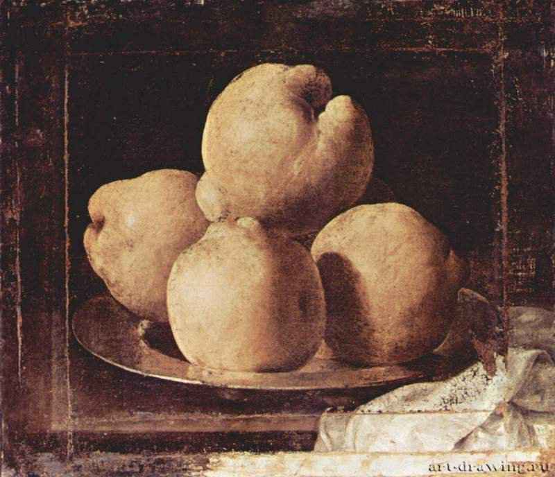 Плоды айвы на оловянном блюде. 1633 * - 35 x 40 смХолст, маслоБароккоИспанияБарселона. Музей искусств Каталонии