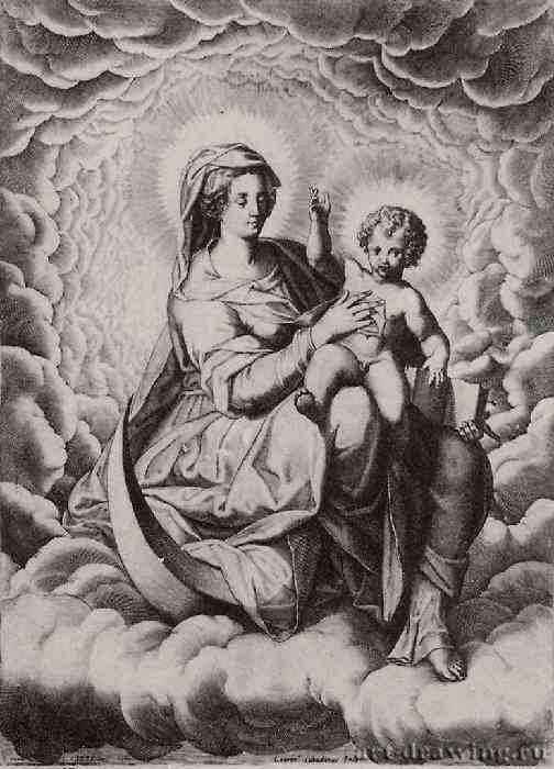 Мадонна на полумесяце. 1575 - 408 х 295 мм. Резцовая гравюра на меди. Лондон. Британский музей, Отдел гравюры и рисунка. Италия.