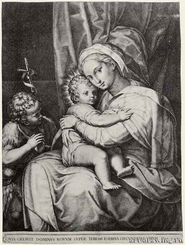 Мадонна с Иоанном Крестителем. 1570-1583 - 432 х 319 мм. Резцовая гравюра на меди. Париж. Национальная библиотека, Кабинет эстампов. Италия.