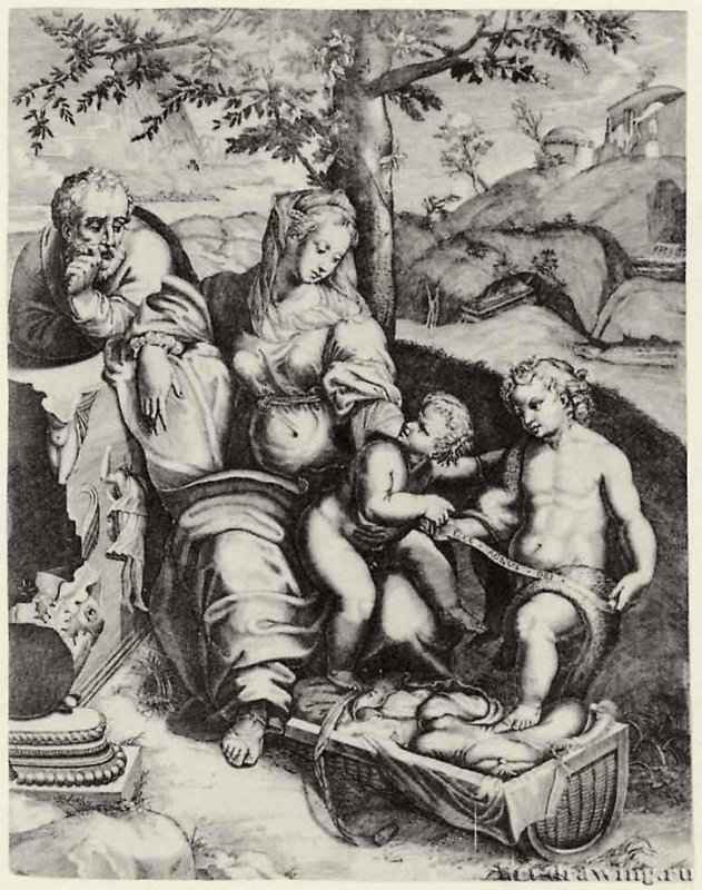 Святое семейство под дубом. 1570-1583 - 476 х 383 мм. Резцовая гравюра на меди. Вена. Собрание графики Альбертина. Италия.