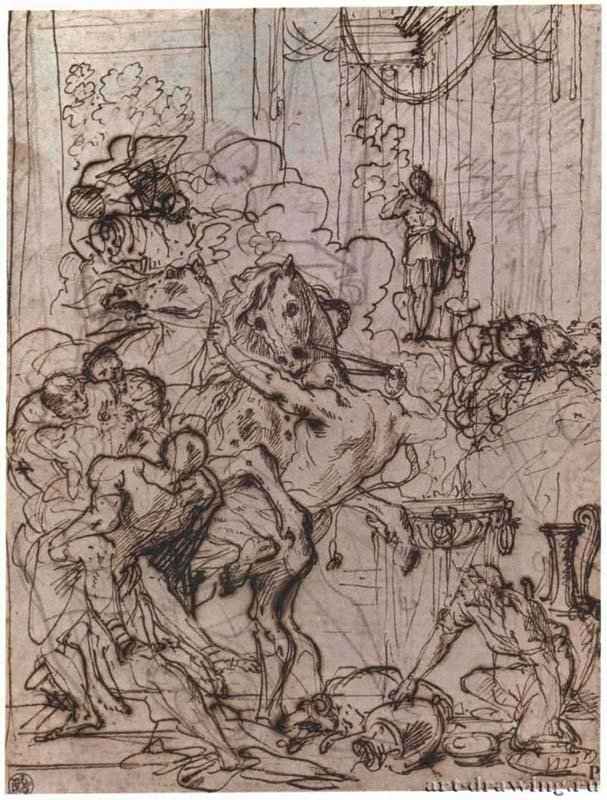 Смерть Синориха. 1630 - 320 х 245 мм. Перо коричневым тоном по подготовительному рисунку белым мелом. Берлин. Гравюрный кабинет. Италия.