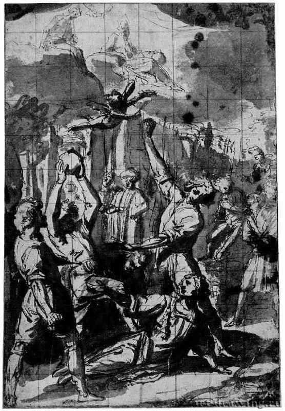 Побиение камнями святого Стефана. 1621 - 402 х 270 мм. Перо и отмывка коричневым тоном, поверх наброска черным мелом, на белой бумаге, разметка на квадраты сангиной. Оксфорд. Музей Эшмолеан, Отдел гравюры и рисунка. Италия.