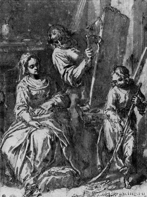 Святое семейство в плотничьей мастерской. 1622-1623 - 215 х 159 мм. Перо и отмывка коричневым тоном, на пожелтевшей бумаге. Дижон. Музей изящных искусств. Италия.