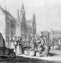 Ратуша и рынок в Харлеме. 1632-1635 - Черный мел и перо, отмывка, на бумаге. 185 x 275 мм. Музей Тейлера. Харлем.