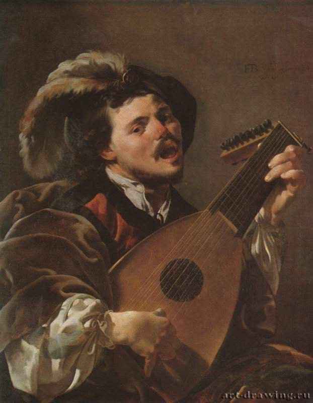 Мужчина, играющий на лютне и поющий. 1624 - 100,5 x 78,7 см. Холст. Барокко. Нидерланды (Голландия). Лондон. Национальная галерея. В стиле утрехтских караваджистов.