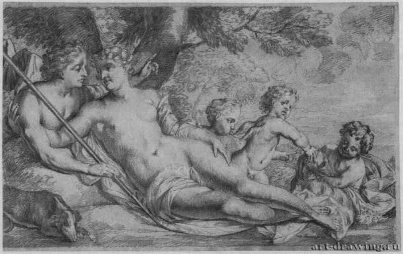 Венера и Адонис. Вторая половина 17 века - 236 х 378 мм Сангина поверх наброска черным мелом, подсветка белым, на белой бумаге Частное собрание Голландия