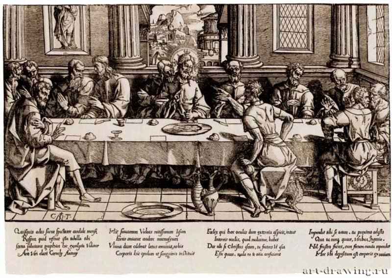 Тайная вечеря. 1530-1553 - Ксилография кьяроскуро, одна очерковая доска, одна тоновая доска 335 x 552 мм Гравюрный кабинет Берлин