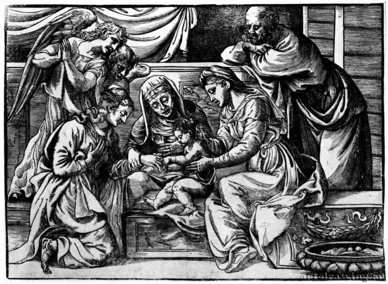 Мистическое обручение святой Екатерины. 1550-1560 - Тициан Вечелио: 328 х 462 мм. Ксилография. Берлин. Гравюрный кабинет. Гравер: Больдрини, Николо.