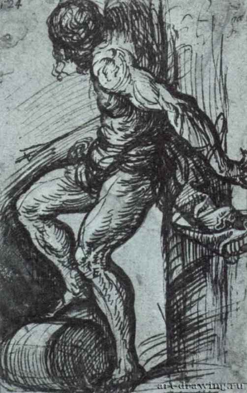 Св. Себастьян. 1510-1520 - Тициан Вечелио: 183 х 118 мм. Перо черным тоном, на голубой бумаге. Франкфурт-на-Майне. Художественный институт Штеделя, Гравюрный кабинет.