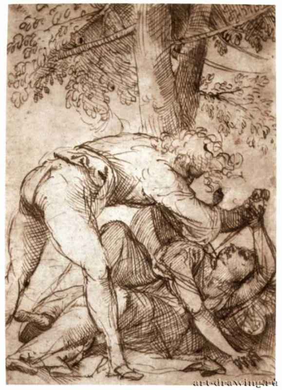 Ревнивый муж убивает жену. 1511 - Тициан Вечелио: 194 х 143 мм. Перо коричневым тоном, на бумаге. Париж. Школа изящных искусств, личные коллекции.
