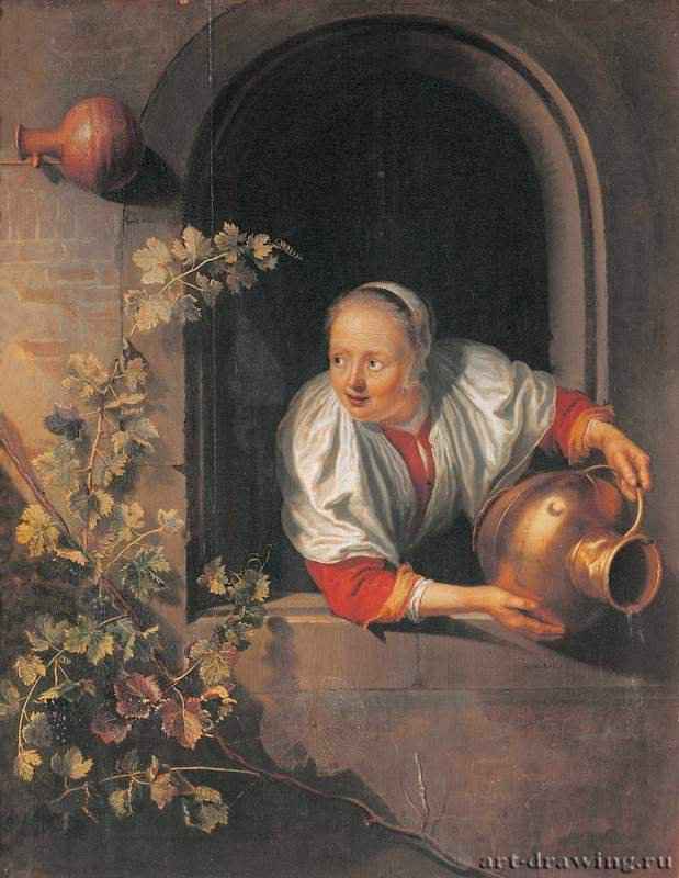 Женщина, выливающая воду из кувшина - 34,5 х 26,5 см. Дерево, масло. Барокко. Нидерланды (Голландия). Москва. ГМИИ им. А.С. Пушкина.