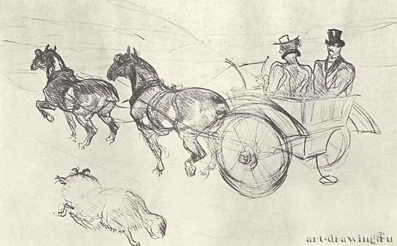 Кабриолет, запряженный двумя лошадьми цугом. 1897 - 263 х 415 мм Литография Постимпрессионизм Франция