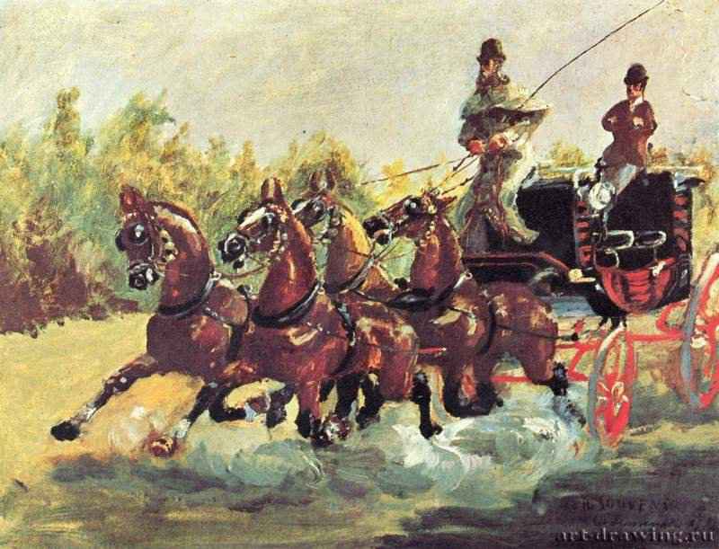 Граф Альфонс де Тулуз-Лотрек правит упряжкой из четырех лошадей. 1881 - 38,5 x 51 смХолст, маслоПостимпрессионизмФранцияПариж. Музей Малого дворца