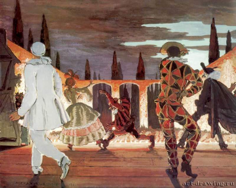 Итальянская комедия, 1905 г. - Бумага, гуашь; 49,5 х 66 см. Ивановский областной художественный музей.