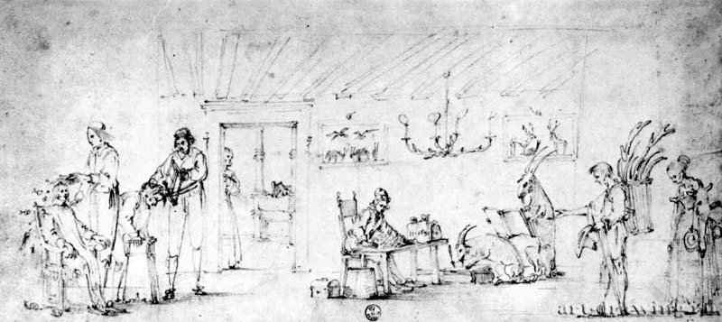 Мужчины, позволяющие спилить себе рога. 1638 - 175 х 398 мм. Черный мел, на белой бумаге. Флоренция. Уффици, Кабинет рисунков и гравюр. Италия.