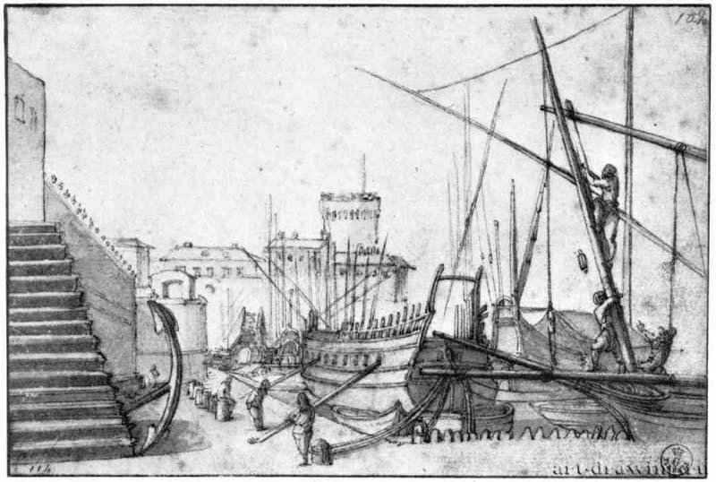 Вид гавани с парусными судами. 1626-1627 - 126 х 190 мм Перо и отмывка коричневым тоном, следы сангины, на белой бумаге Флоренция Уффици, Кабинет рисунков и гравюр Италия