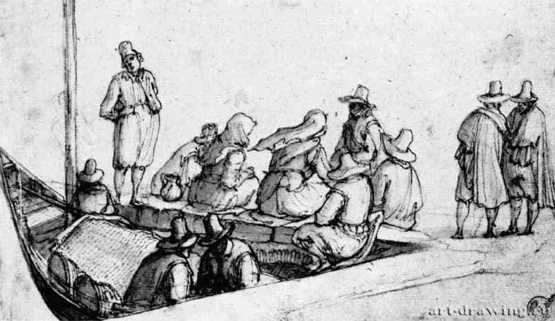 Крестьяне, ожидающие на пристани. 1626-1627 - 112 х 198 мм Перо и отмывка коричневым тоном, поверх наброска черным мелом, на белой бумаге Флоренция Уффици, Кабинет рисунков и гравюр Италия