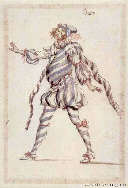 Юноша в полосатом костюме "Besso". 1623-1635 - 278 х 188 мм Перо коричневым тоном, акварель голубым и красным тоном, на белой бумаге Лондон Британский музей, Отдел гравюры и рисунка Италия