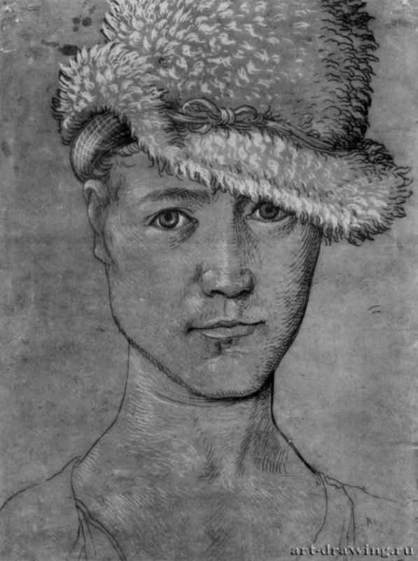 Автопортрет. 1504 - 220 х 159 мм. Перо черным тоном, подцветка белым и розовым, на грунтованной серо-зеленым тоном бумаге. Базель. Открытое художественное собрание, Гравюрный кабинет. Германия.