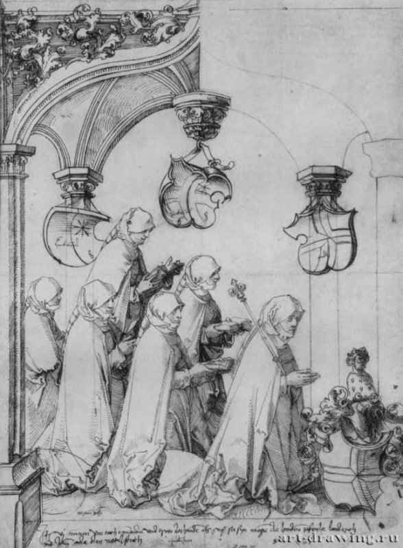Аббатисса Вероника фон Андлау и пять монахинь монастыря Хоэнбург. 1509-1512 - 430 х 315 мм. Перо и сангина, на бумаге. Лондон. Музей Виктории и Альберта. Германия.