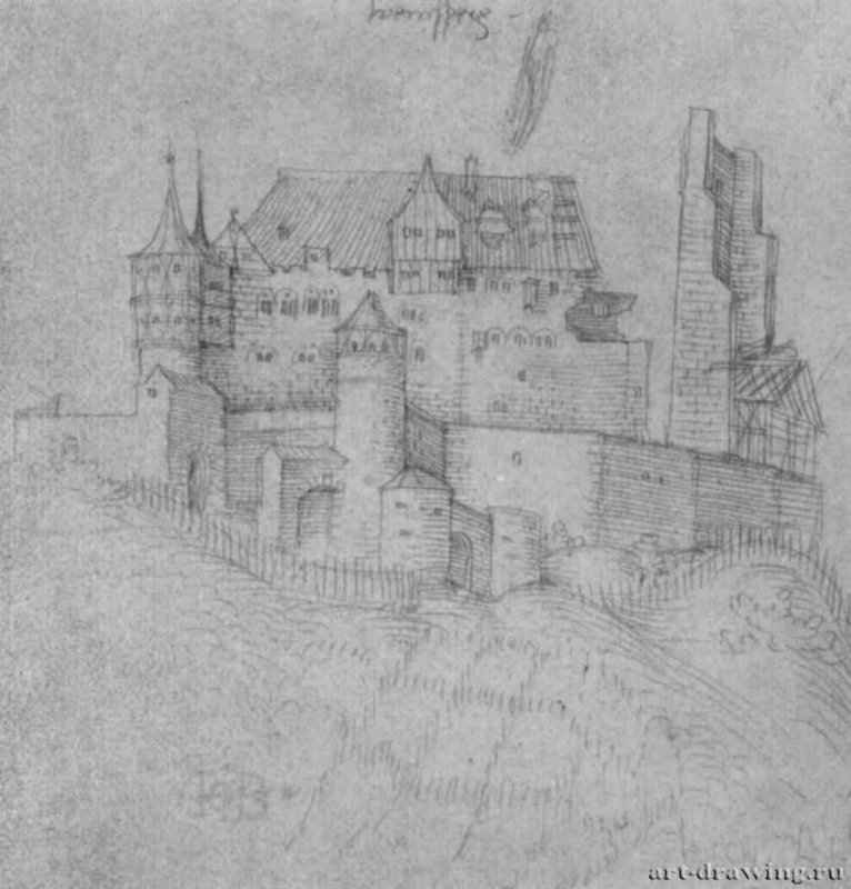 Замок Вайнсберг. 1514-1515 - 121 х 115 мм. Серебряный штифт на бумаге. Карлсруэ. Кунстхалле, Гравюрный кабинет. Германия.