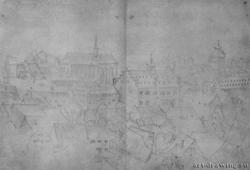 Вид на Страсбург. 1517-1545 - 205 х 302 мм. Серебряный штифт на бумаге. Карлсруэ. Кунстхалле, Гравюрный кабинет. Германия.