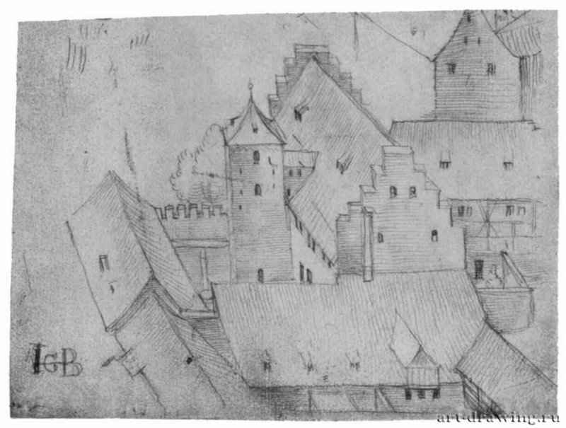 Вид на Страсбург, Вид на дома по Хауэргассе, угол Акстгассе. 1517-1545 - 112 х 148 мм. Серебряный штифт на бумаге. Карлсруэ. Кунстхалле, Гравюрный кабинет. Германия.