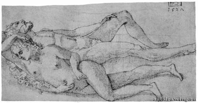 Отдыхающая обнаженная любовная пара. 1527 - 160 х 311 мм. Перо на бумаге. Штутгарт. Государственная галерея, Собрание графики. Германия.