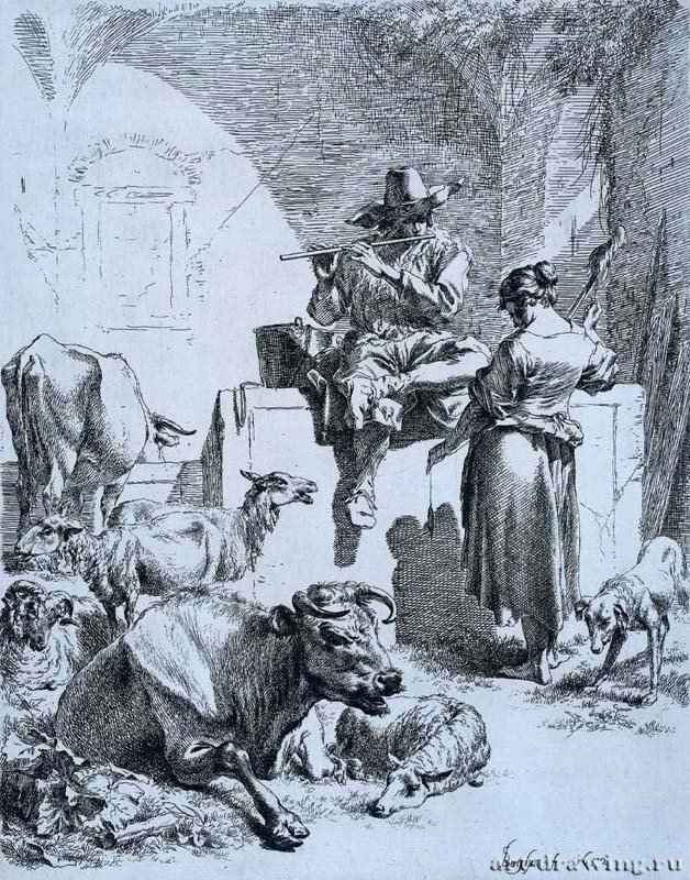 Пастух у колодца с пряхой. 1652 - Тушь, бумага, гравюра 26,2 x 20,9 Риксмузеум Амстердам