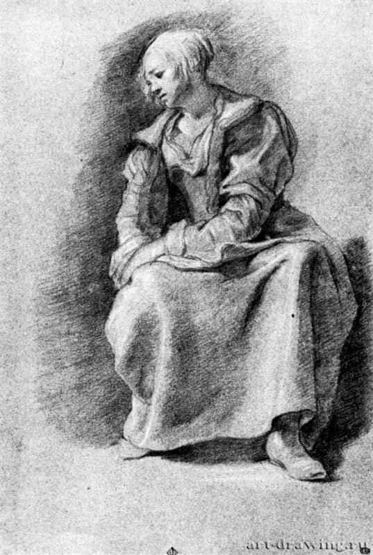 Сидящая женщина. Вторая половина 17 века - Черный мел, подсветка белым, на голубой бумаге 290 x 198 мм Школа изящных искусств Париж