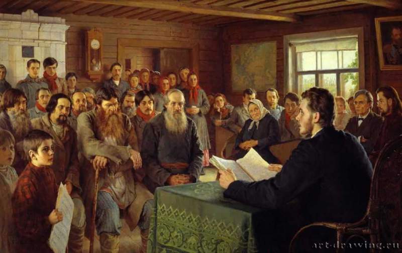 Воскресное чтение в сельской школе, 1895 г. - Холст, масло; 97 х 154 см. Россия.