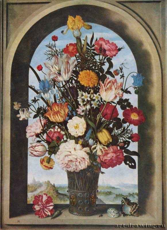 Ваза с цветами в оконной нише. 1620 - 64 x 46 см Дерево Барокко Нидерланды (Голландия) Гаага. Маурицхейс