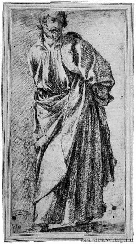 Стоящая мужская фигура с руками за спиной. 1615 - 260 х 125 мм Черный мел, немного сангины, на белой бумаге Флоренция Библиотека Маручеллиана Италия