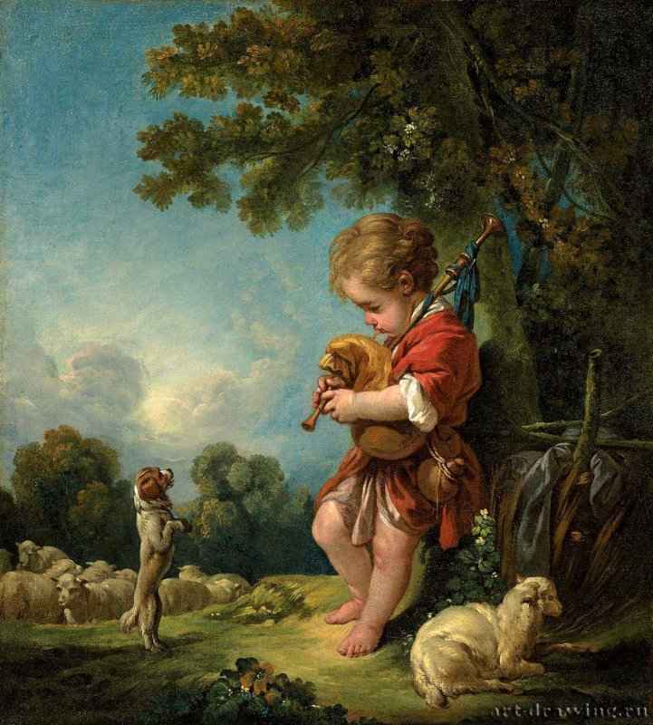Пастушок, играющий на волынке, 1754 г. - Холст, масло; 55 х 50 см. Рококо. Франция. Бостон, Музей изящных искусств.