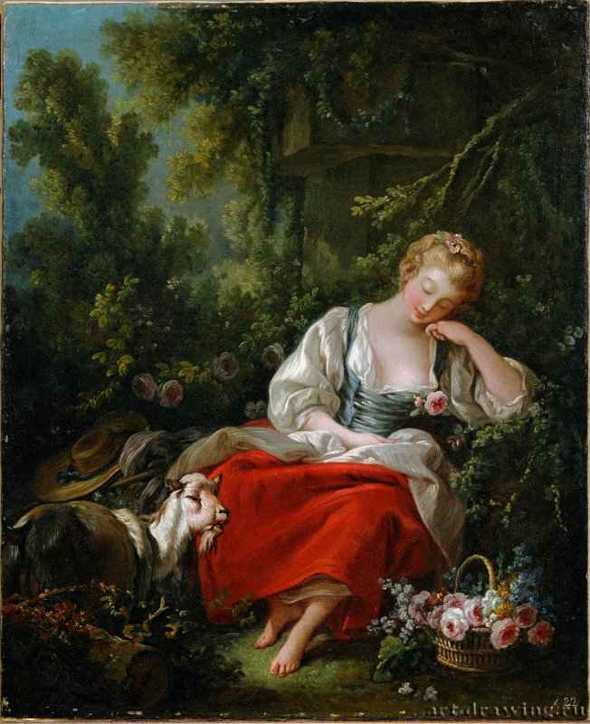 Спящая пастушка, 1760-1763 г. - Холст, масло; 57 х 46 см. Рококо. Франция. Зальцбург, Резиденцгалерея.